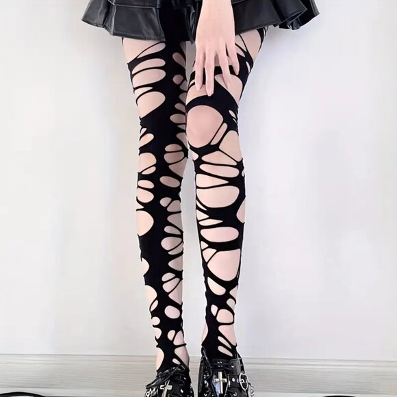 Black Bandage Tights Mummy Costume Holes Ripped Distressed Fishnet Goth Grunge - Picture 1 of 4